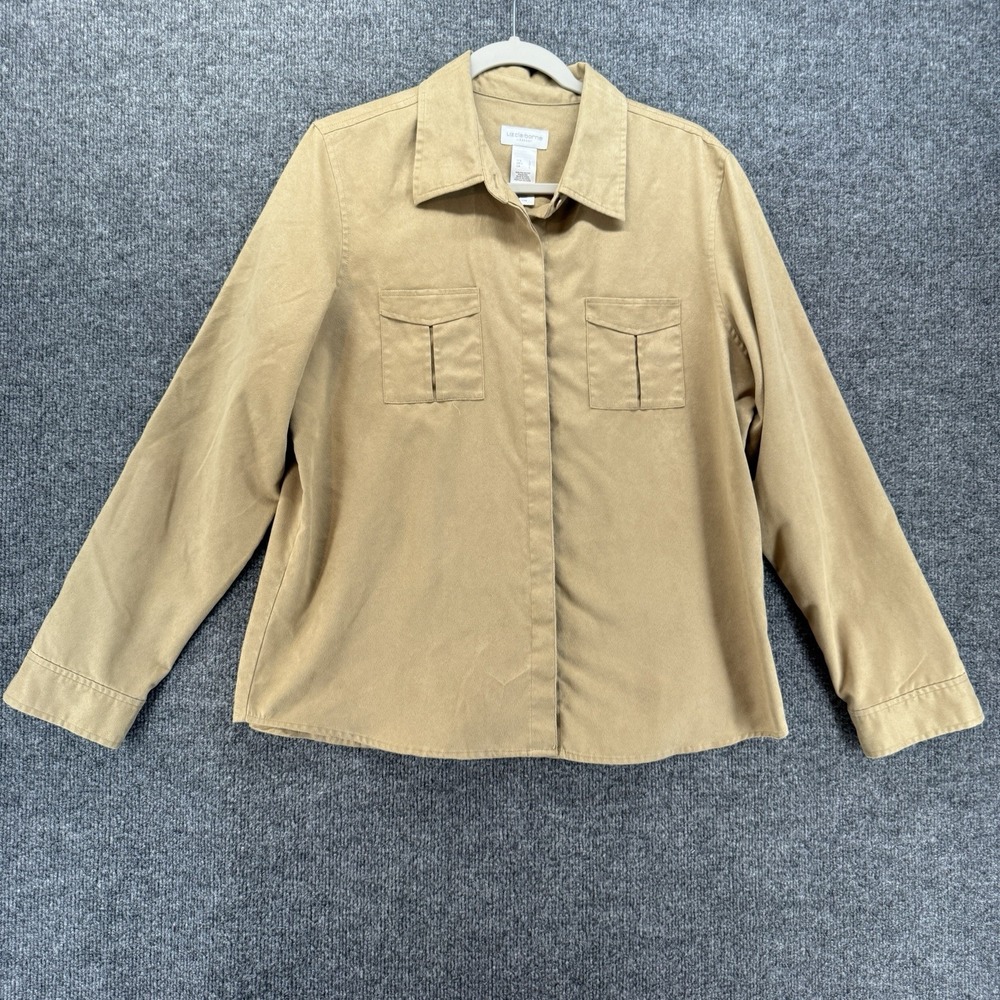 Liz Claiborne Shirt Womens L Tan Faux Suede Button Up Western Ranch Boho Cottage